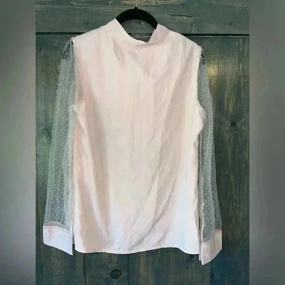 SHEIN‎ Elegant Blush Pink Bow Blouse with Mesh Dot Sleeves - Romantic Top A68 - Picture 8 of 8